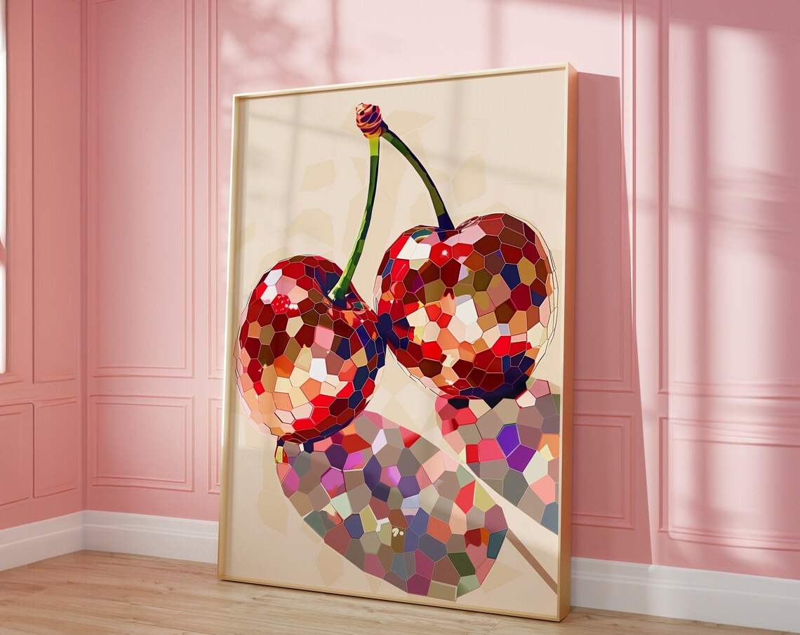 Disco Ball Mosaic Cherries Glam Red Kitchen Trendy Wall Poster