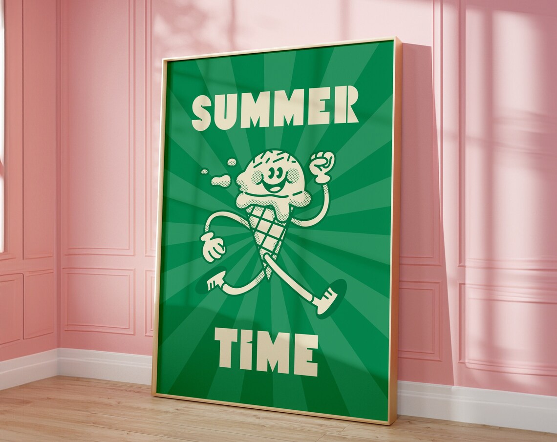 Summer Time Retro Ice Cream Cone Mascot Green Vintage Ad Poster