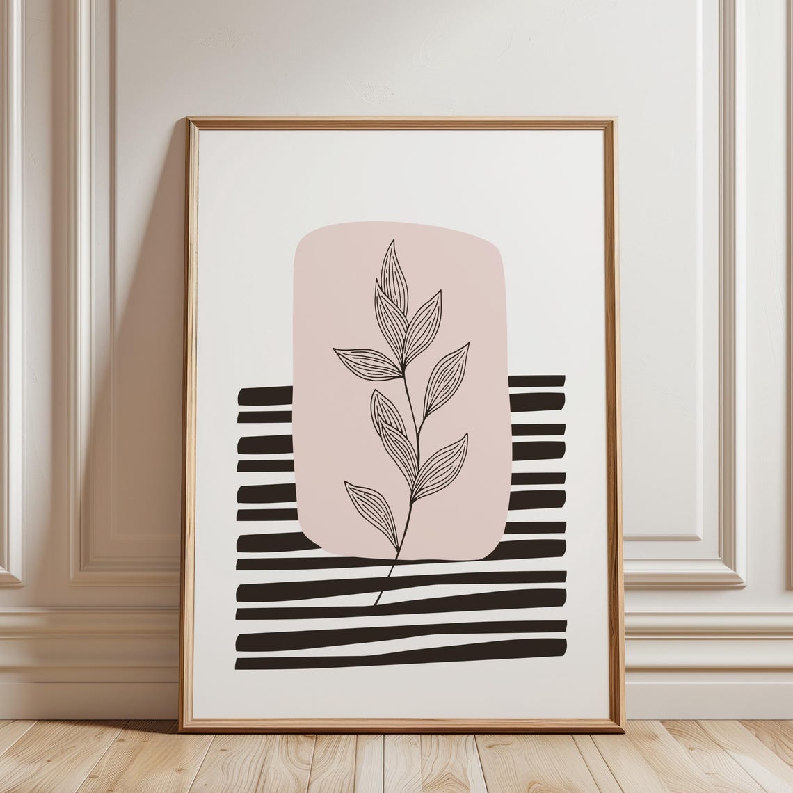 Minimalist Botanical Leaf Line Drawing Blush Arch Abstract Wall Art