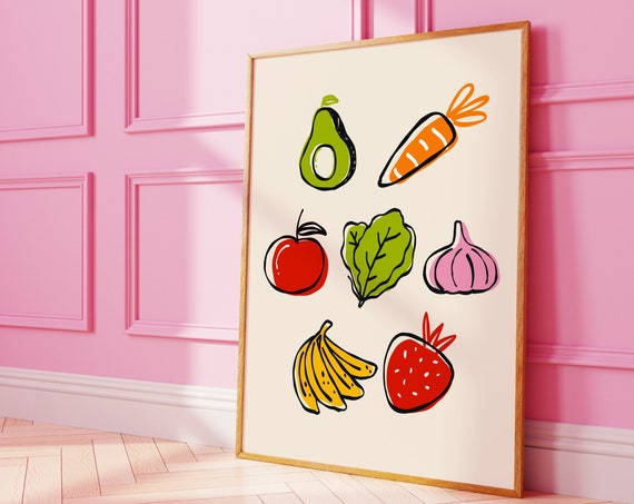 Funky Fruits And Veggies Poster Fun Pop Art Kitchen Prints Cute Food Wall Decor Aesthetic Vegetable Classroom Decor Playroom Decor
