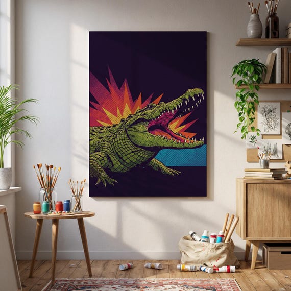 Pop Art Crocodile Wall Print Colorful Gator Roar Poster Retro Comic Style Animal Bold Jungle Decor For Living Room Or Office