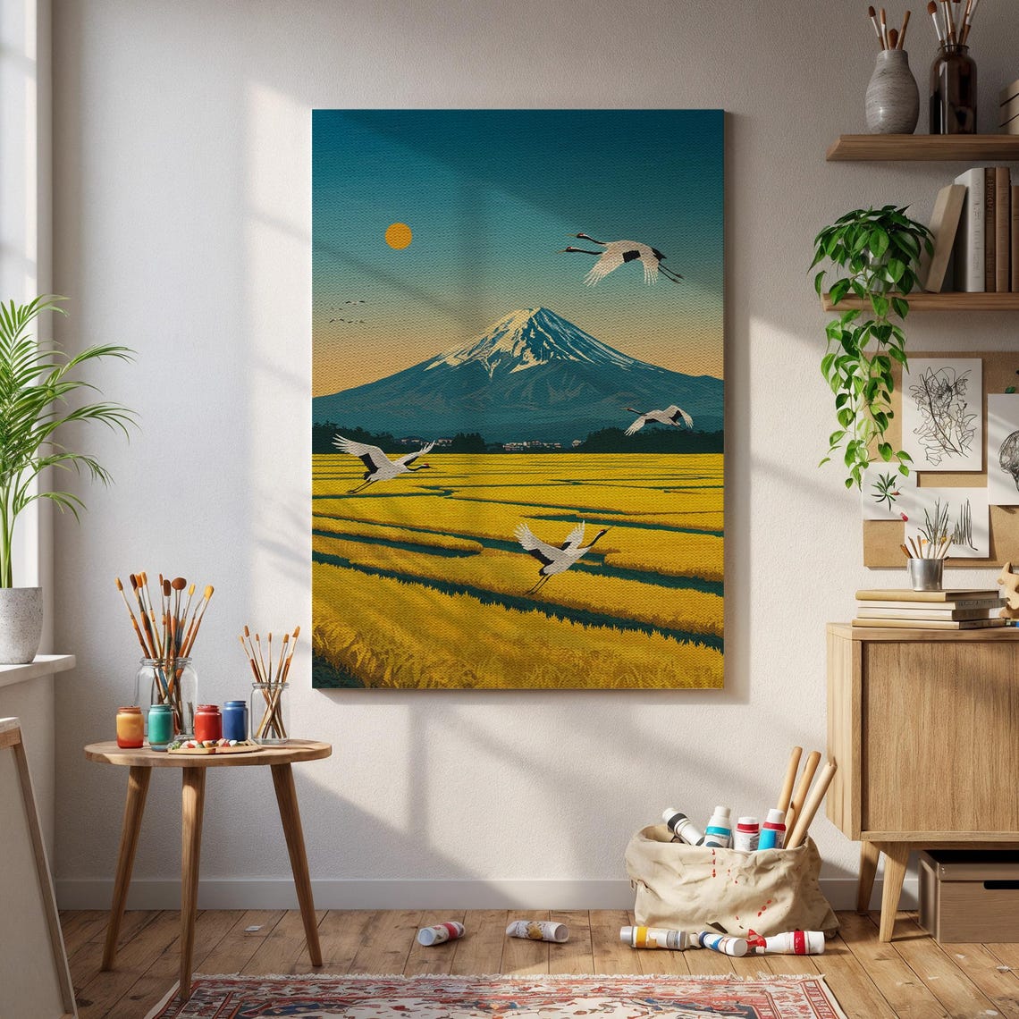 Mount Fuji With Soaring Cranes Over Golden Rice Fields Art Poster