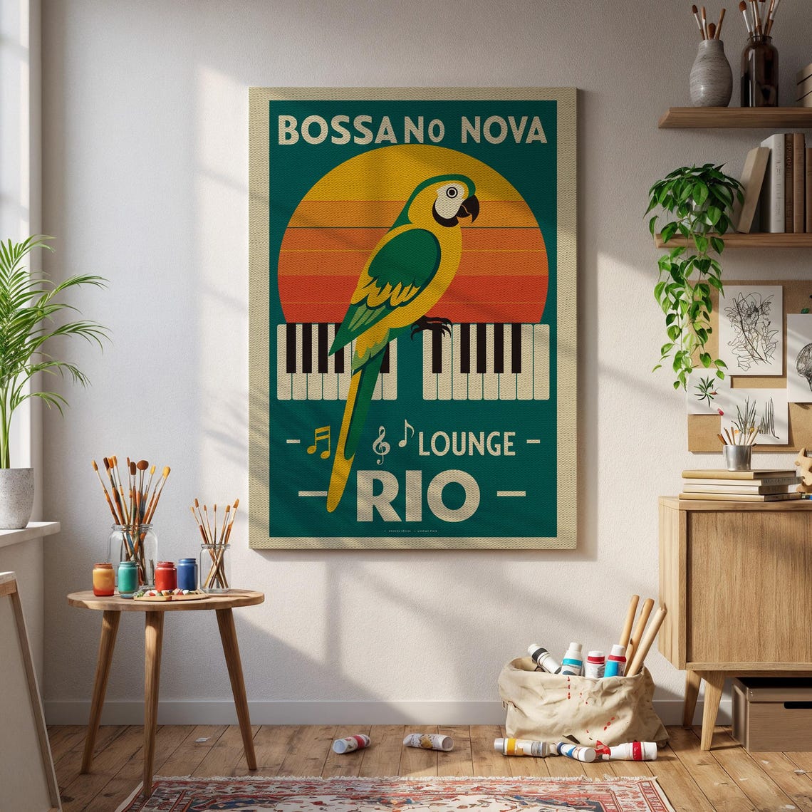 Bossa No Nova Retro Sunset Parrot Piano Lounge Rio Music Poster