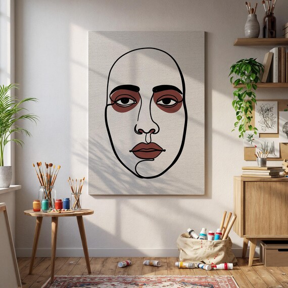 Minimalist Line Face Abstract Portrait Terracotta Accents Poster