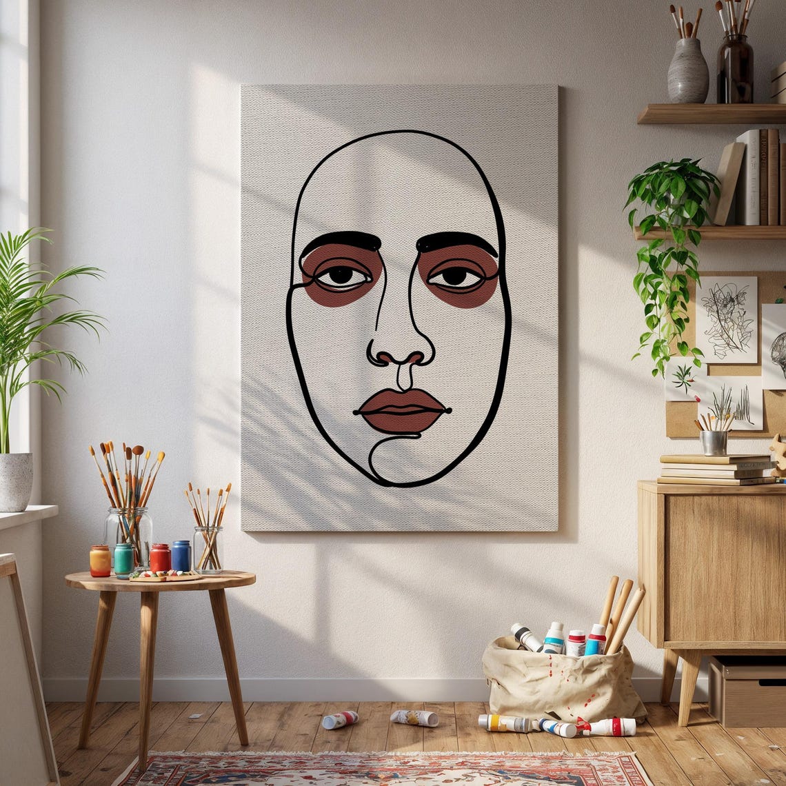 Minimalist Line Face Abstract Portrait Terracotta Accents Poster