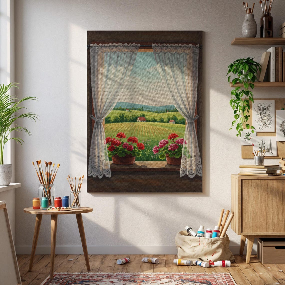 Rustic Farm Window View Countryside Fields Geraniums Vintage Poster