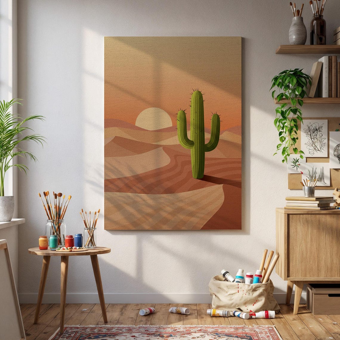 Single Tall Desert Cactus in Warm Sunset Minimalist Boho Wall Art