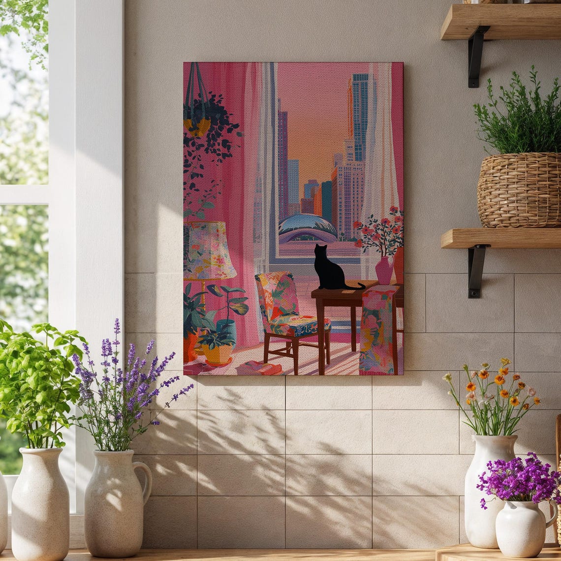 Black Cat City Window Sunset Cozy Interior Living Room Scene Poster