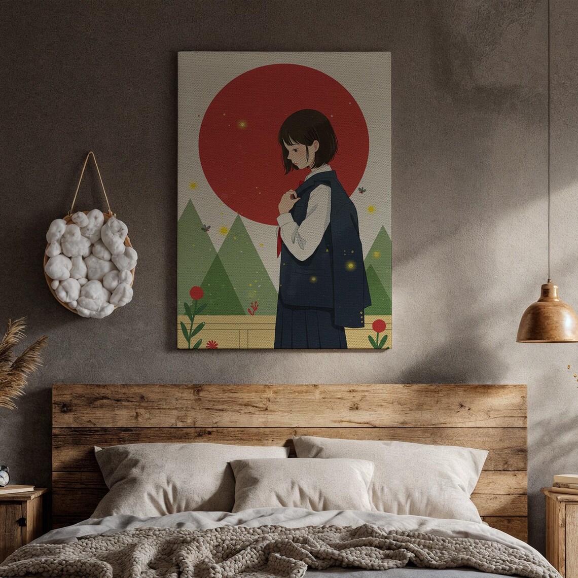 Anime Girl Red Sun Japanese Schoolgirl Firefly Forest Art Poster