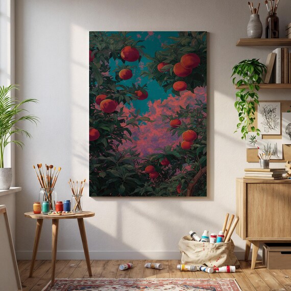 Peach Orchard Sunset Pink Sky Fruit Tree Painting Art Poster
