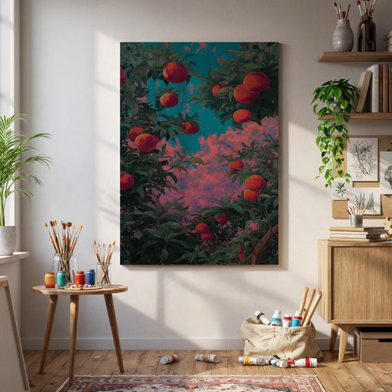 Peach Tree Wall Art Sunset Orchard View With Lush Greenery Juicy Peaches Botanical Nature Canvas Print For Cozy Rustic Interiors Home