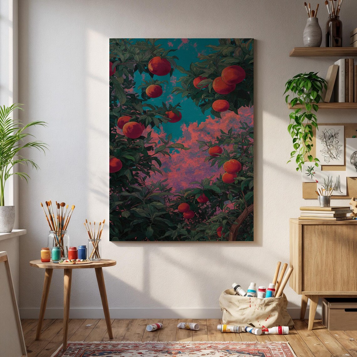 Peach Tree Wall Art Sunset Orchard View With Lush Greenery Juicy Peaches Botanical Nature Canvas Print For Cozy Rustic Interiors Home