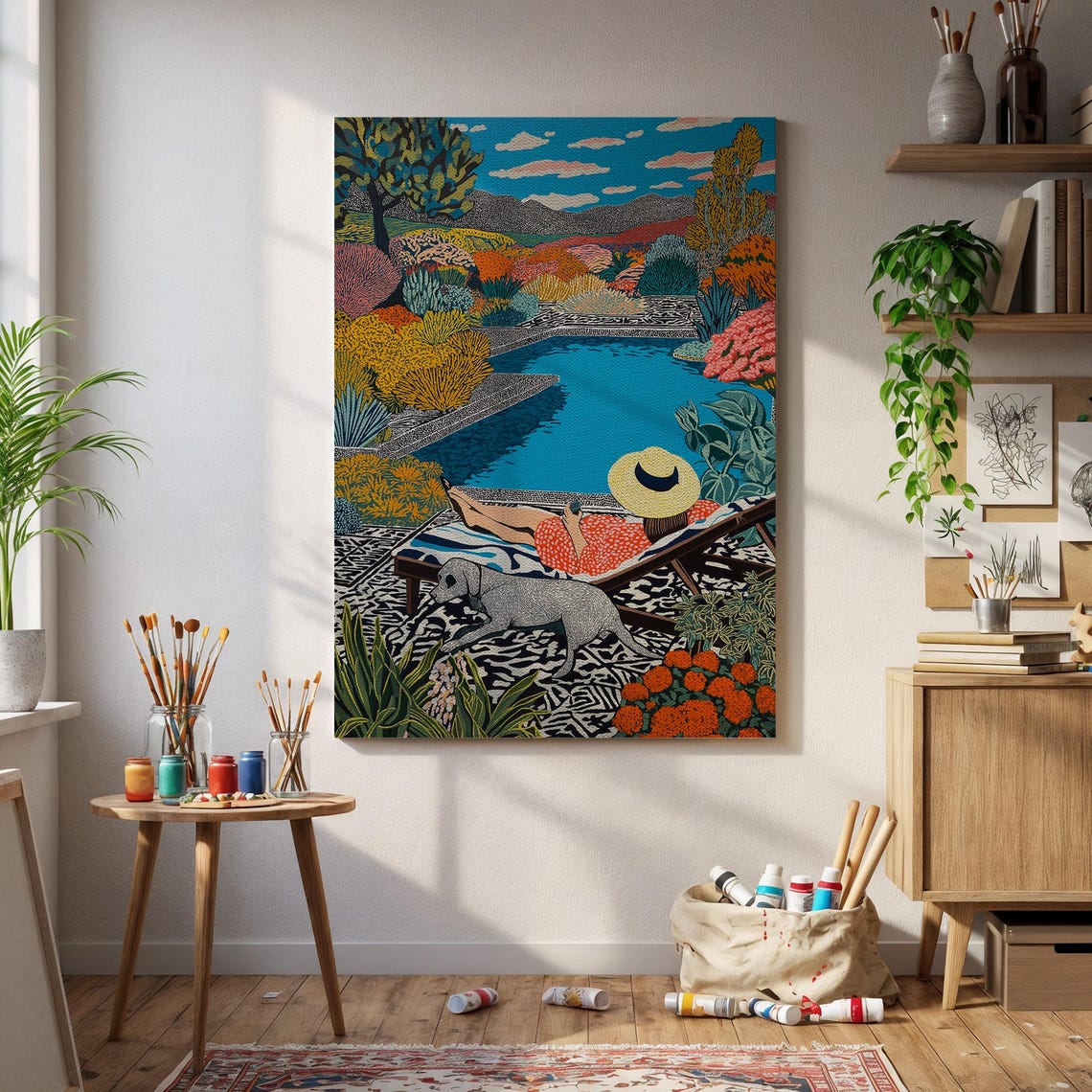 Woman Relaxing Poolside With Her Dog Retro Garden Party Poster