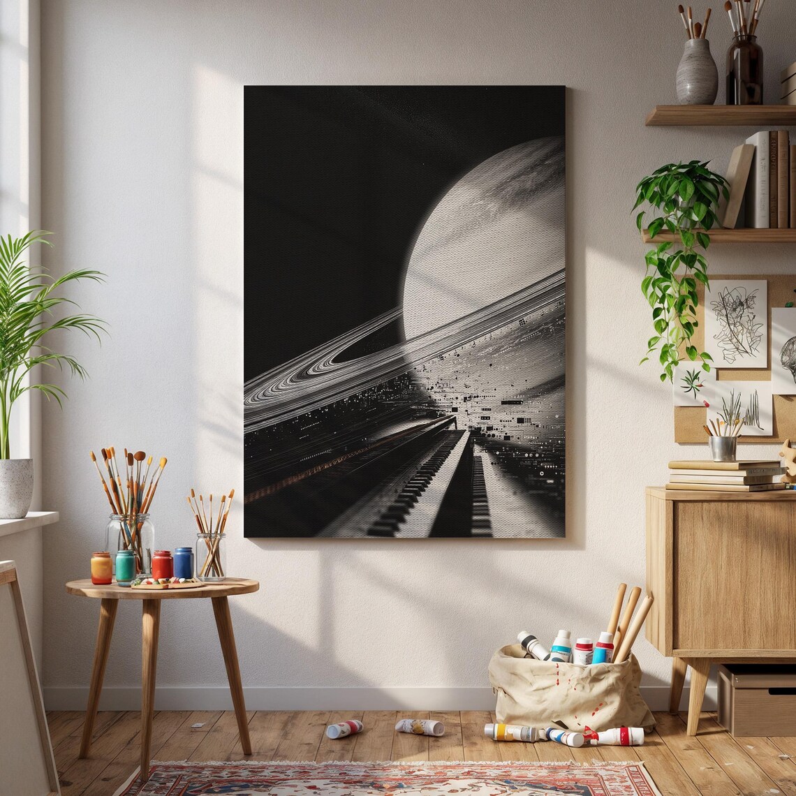 Saturn Planet Rings Piano Keys Surreal Black White Space Poster