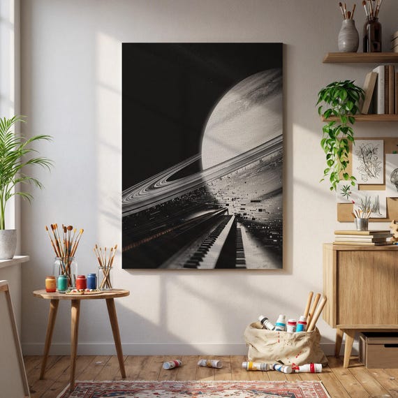 Saturn Rings And Piano Keys Wall Art Futuristic Space Poster In Black White With Scifi For Modern Room Or Music Lover Decor