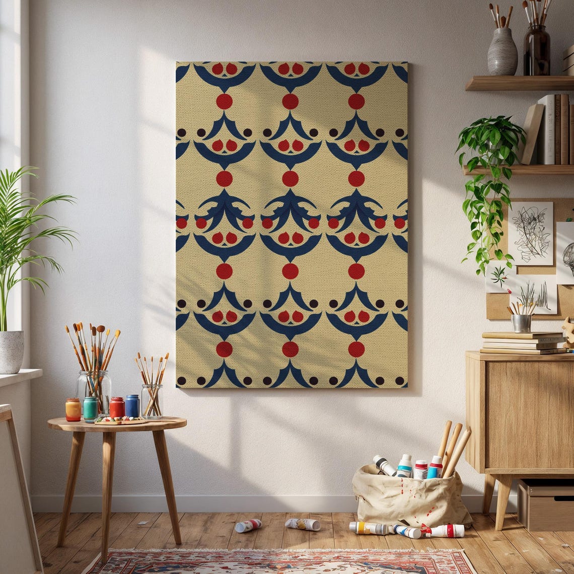 Turkish Ottoman Geometric Pattern Beige Navy Red Canvas Wall Art