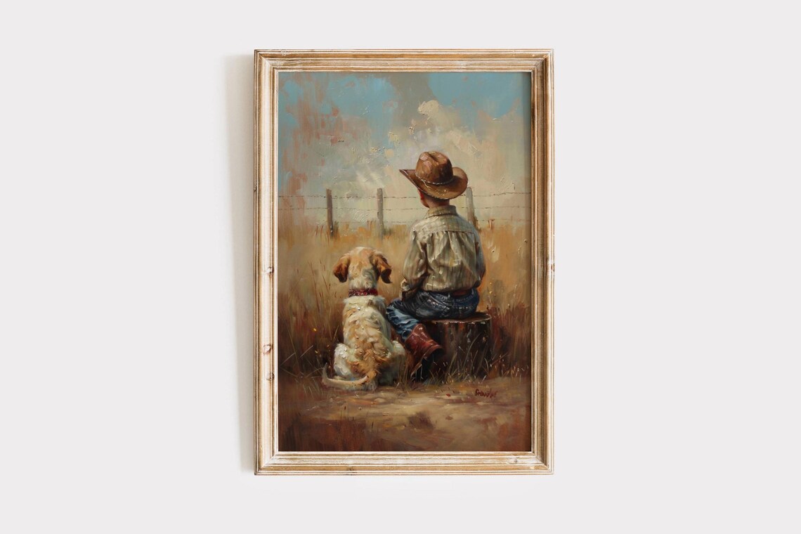 Cowboy And Dog Oil Painting Print, Rustic Vintage