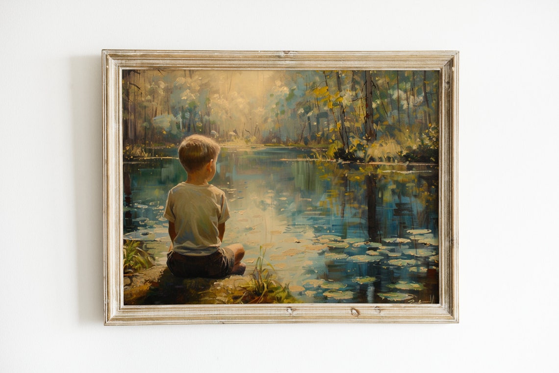 Vintage Wall Art Boy By Pond Summer Decor Print Boys Nursery Painting Antique Instant Nature - Image 2
