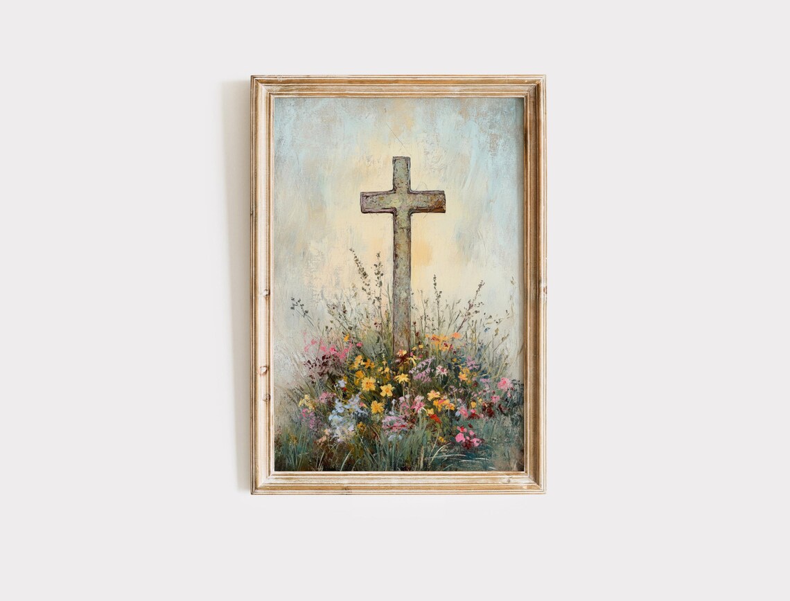 Stone Cross in a Wildflower Meadow Vintage Christian Painting Poster - Image 2