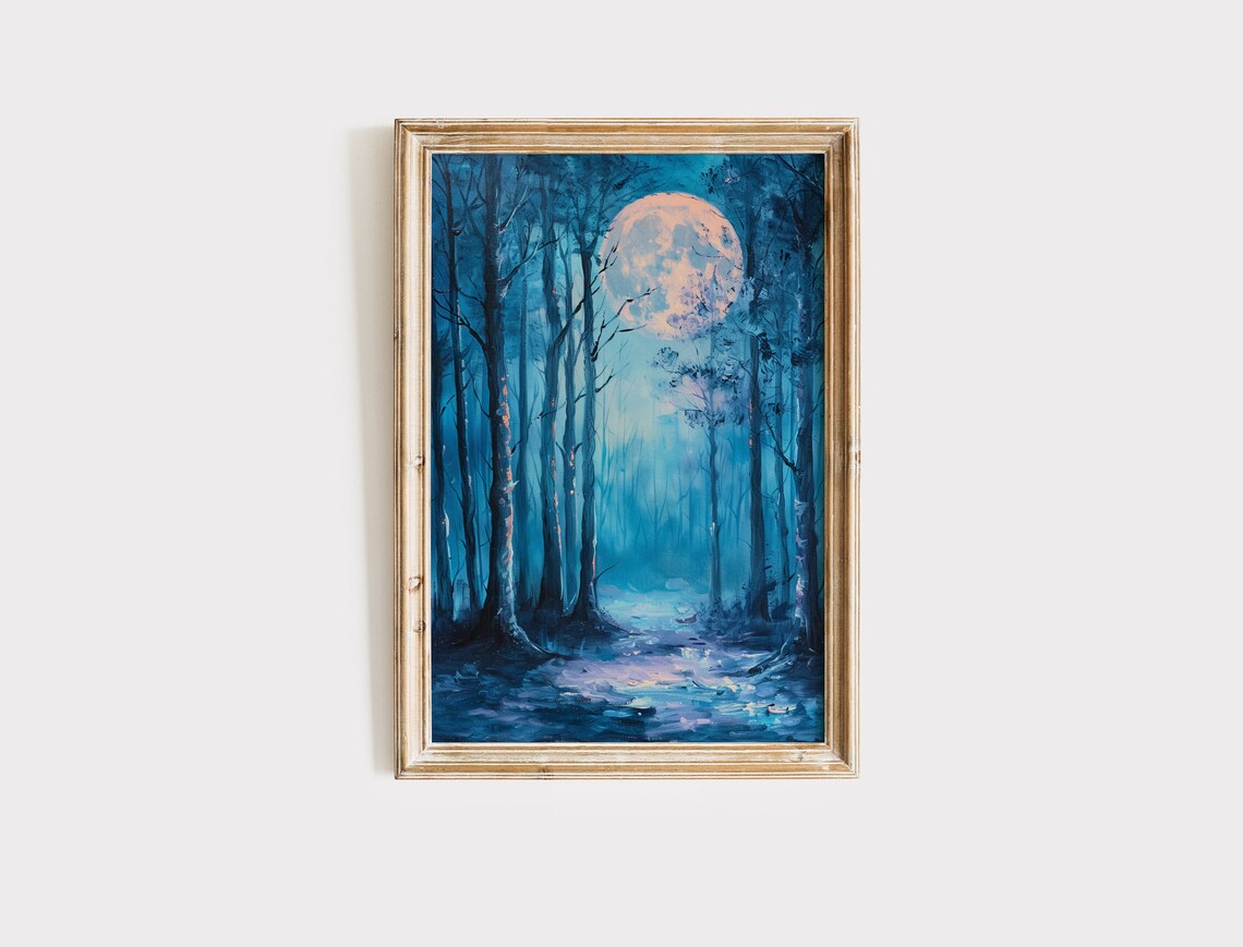 Pink Full Moon Bare Trees Blue Forest Magical Night Woods Halloween Art Poster - Image 2