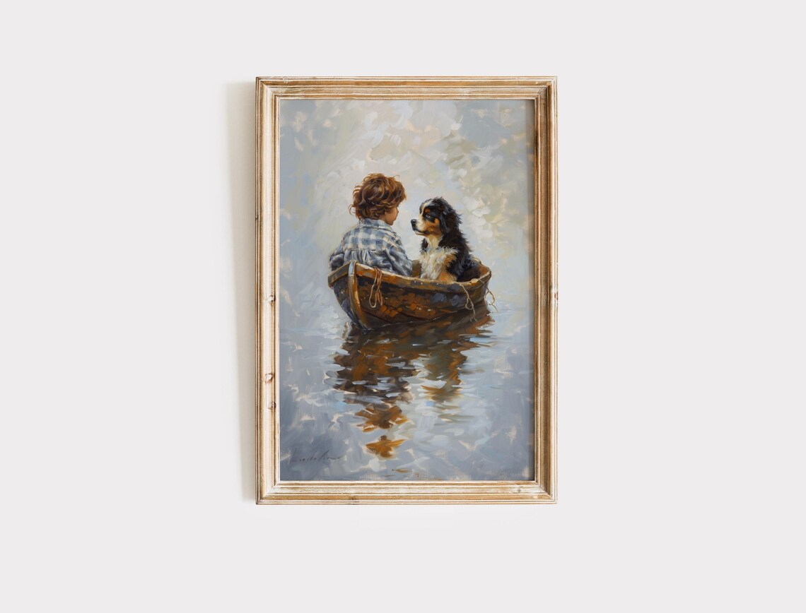 Vintage Boy and Dog on Boat Oil Painting Print - Image 2