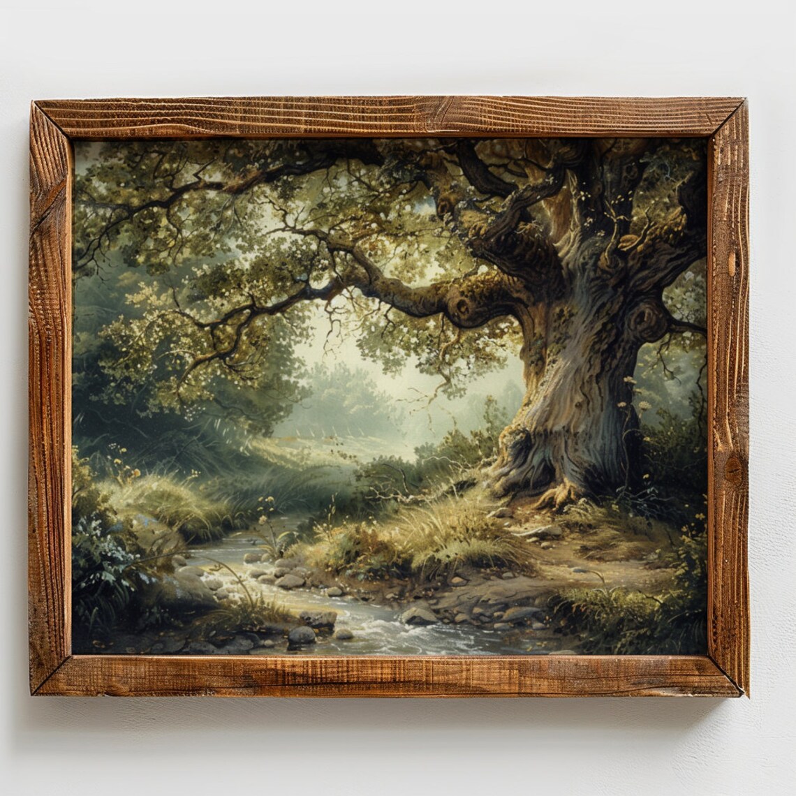 Vintage Oak Tree By Stream Oil Painting Wall Art Print - Image 2