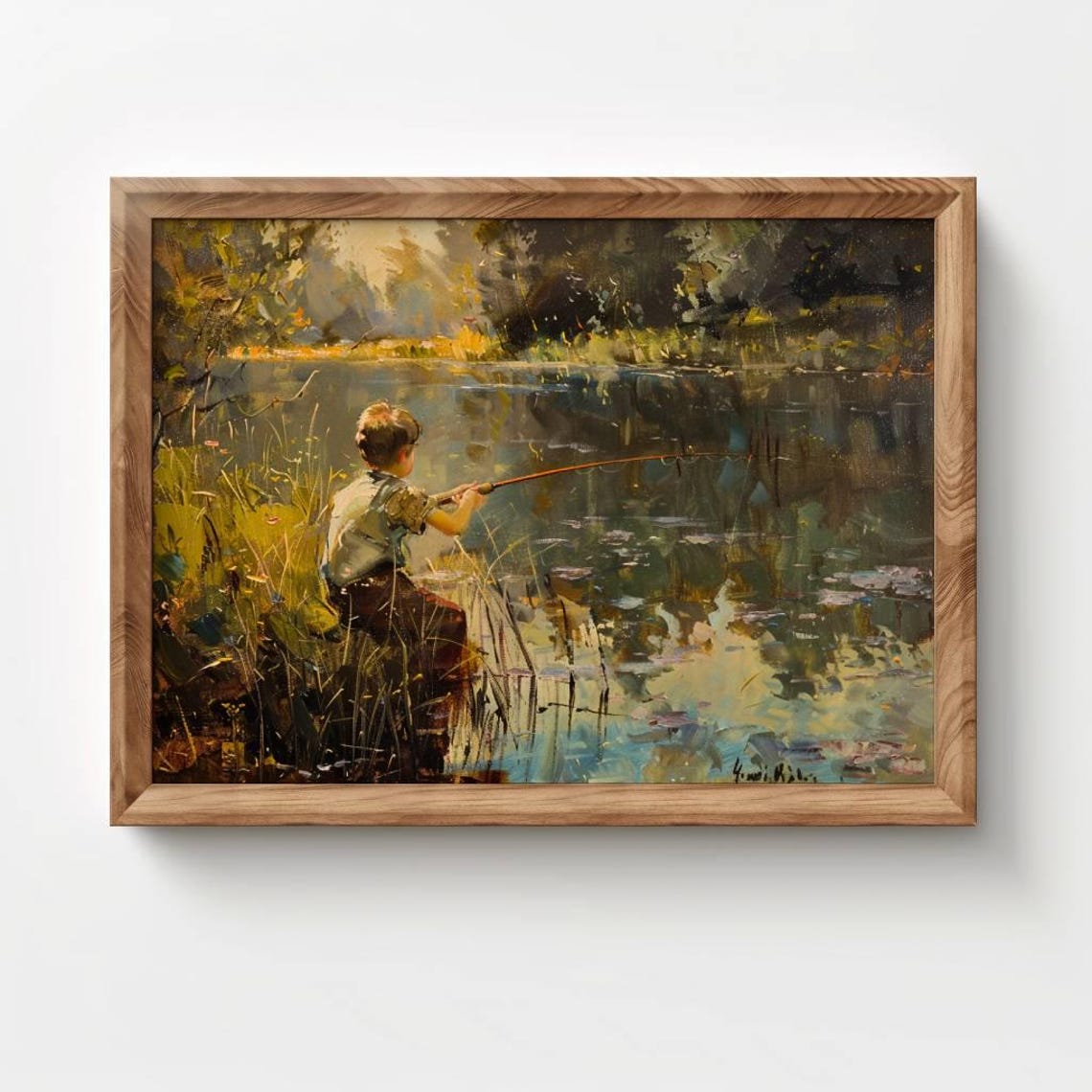 Vintage Boys Room Art Boy Fishing In A Pond Painting Wall Decor Print Boys Nursery Artwork - Image 2