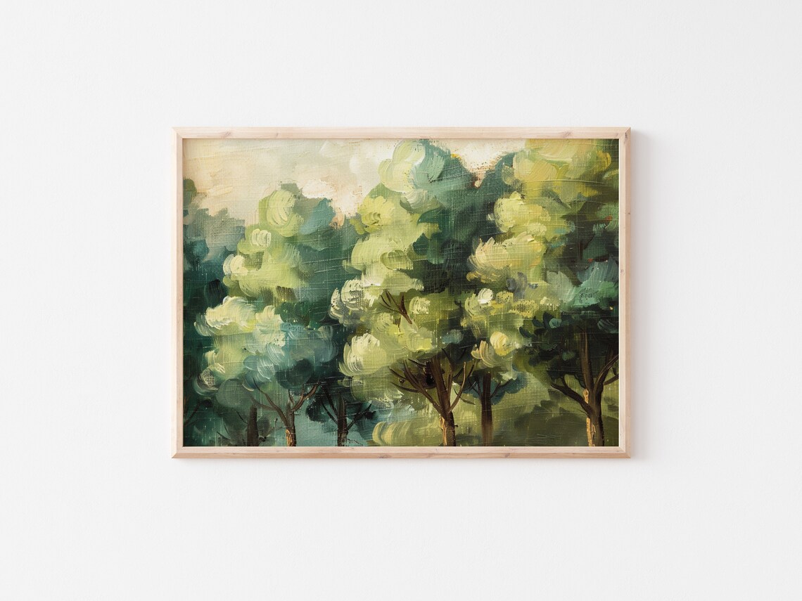 Green Tree Canopy Impressionist Painting Lush Summer Foliage Art Print - Image 2