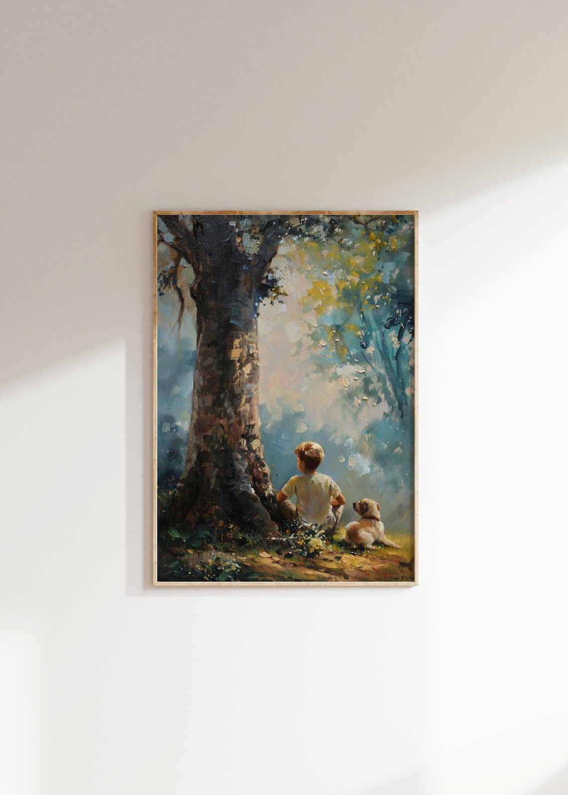 Boy and Puppy Under Big Tree Dappled Light Vintage Nursery Poster - Image 2