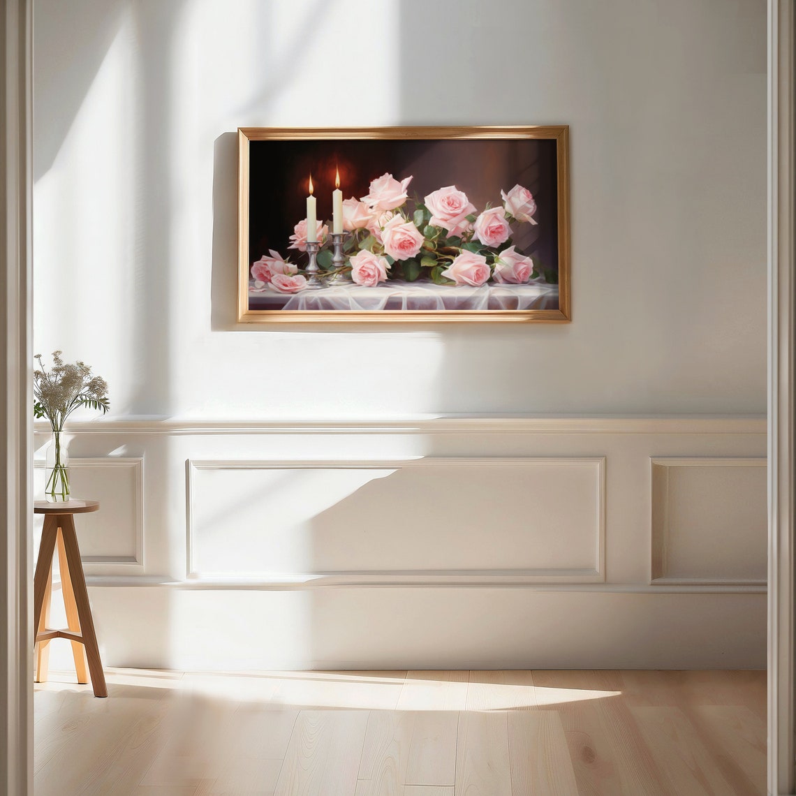 Elegant Pink Roses Candlelight Classic Still Life Painting Poster - Image 2
