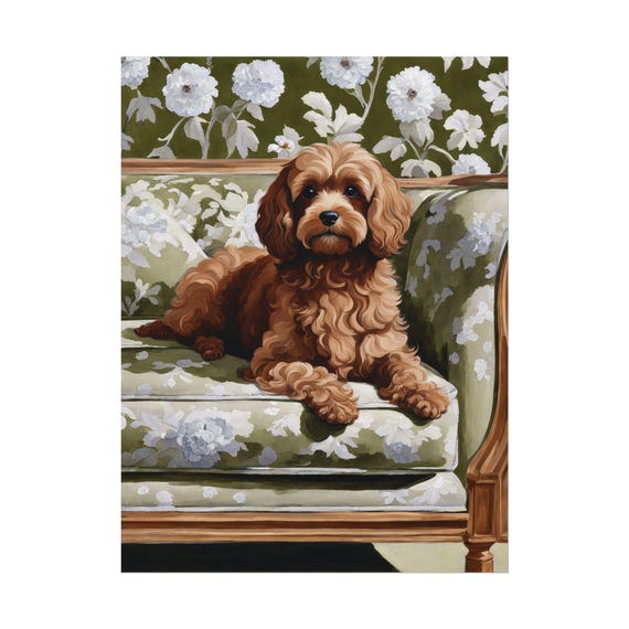 Cute Brown Cavapoo Art Print Sage Green Floral Chinoiserie Wall Dog Lover Poster Unique Gift Watercolor Painting Home Decor