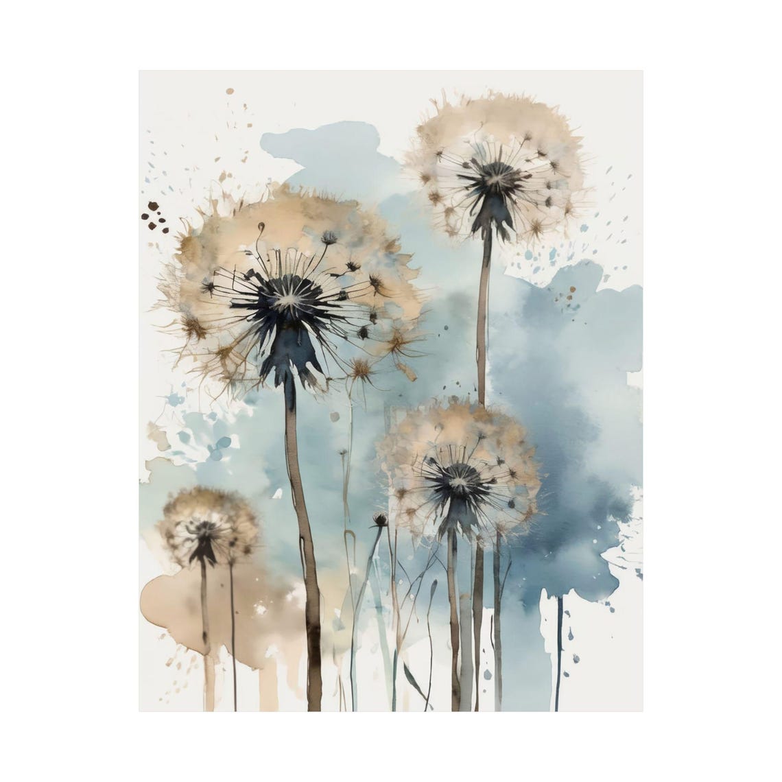 Dandelion Seed Heads Beige Blue Abstract Watercolor Botanical Poster