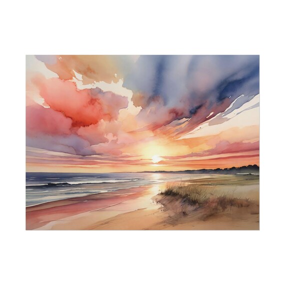 Beach Sunset Pink Orange Clouds Watercolor Golden Hour Ocean Poster