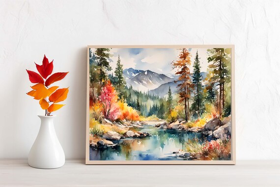 Autumn Mountain Lake Fall Forest Watercolor Landscape Poster