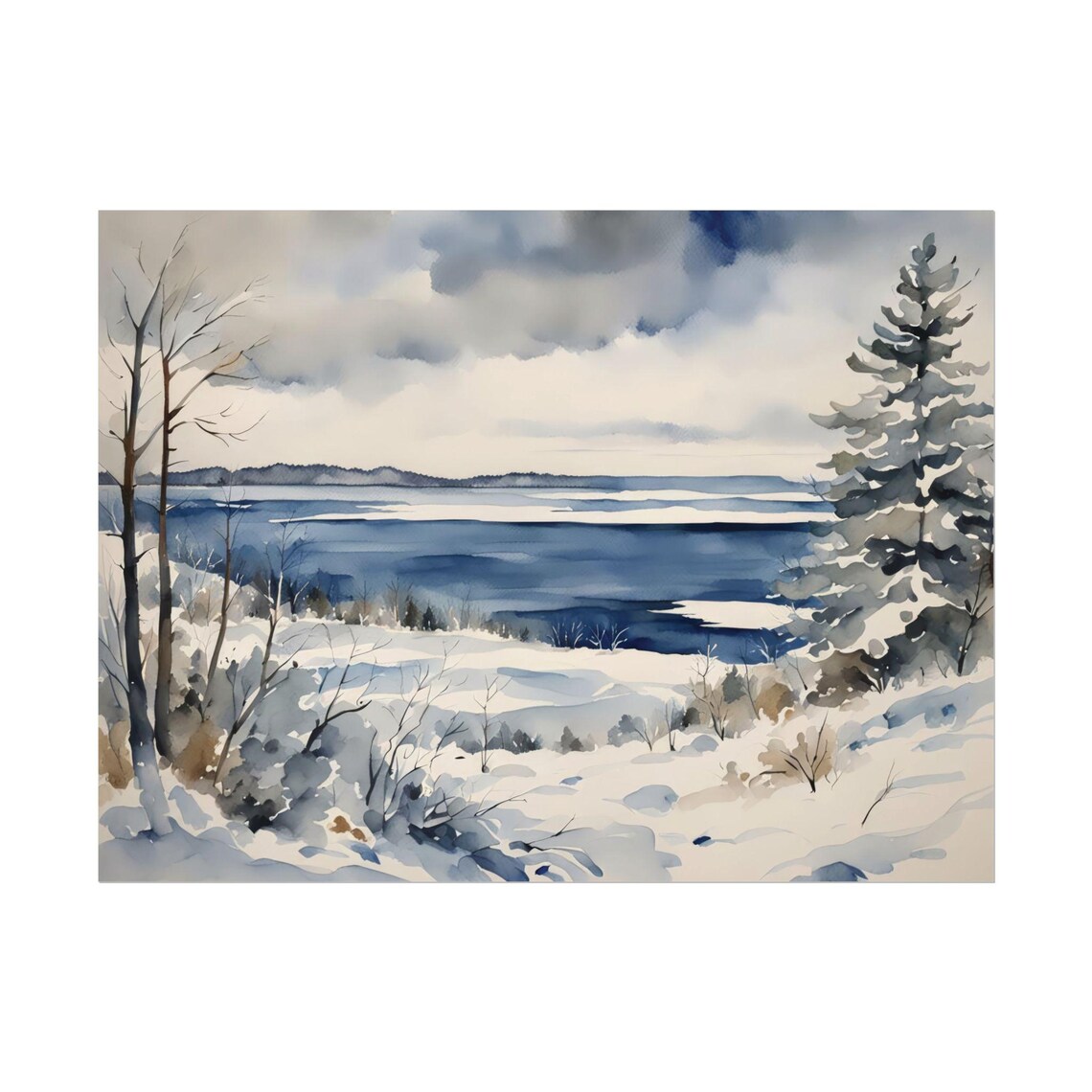 Lake Superior Watercolor Poster, Winter Michigan Landscape