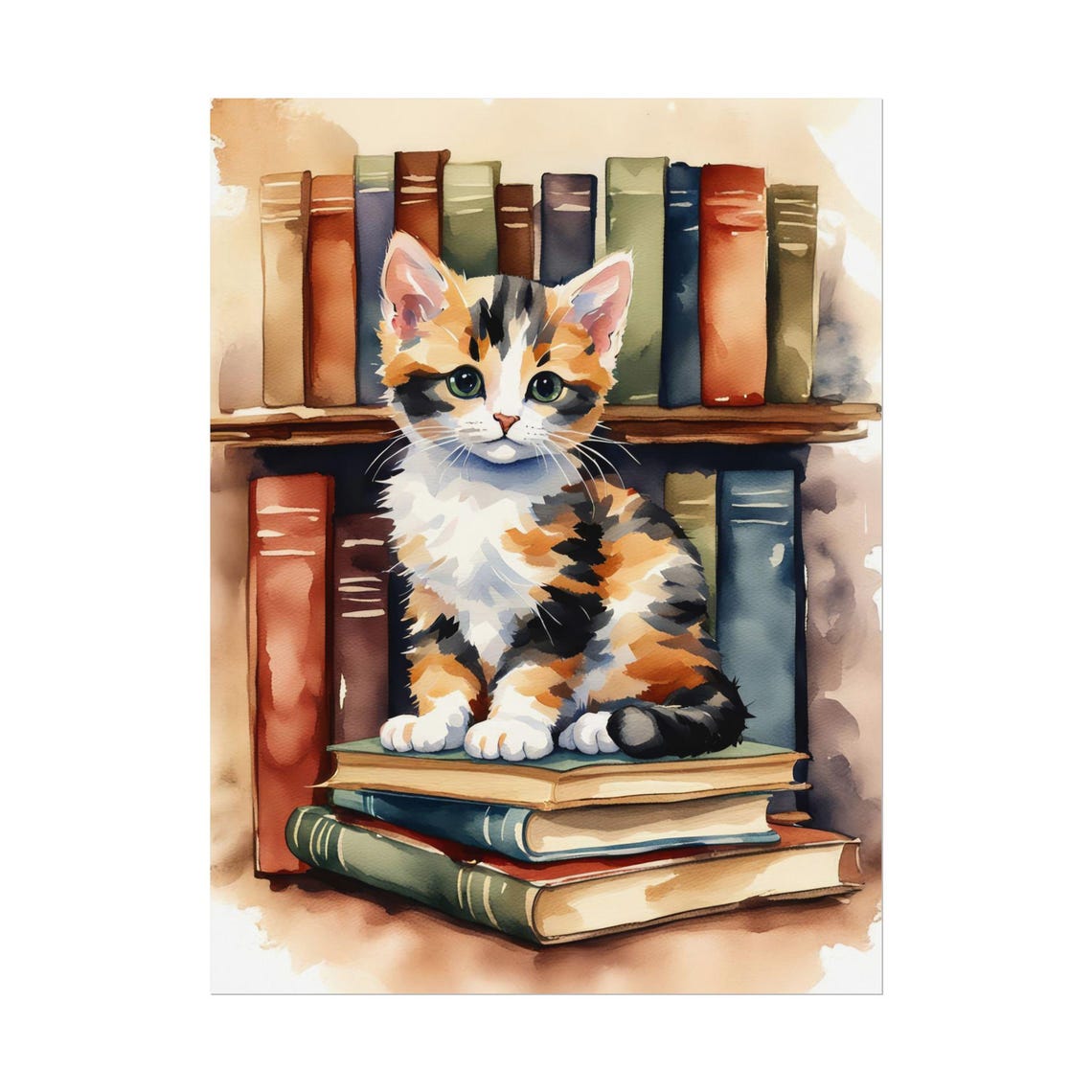 Calico Kitten on Stack of Books Watercolor Cute Cat Reading Poster Art