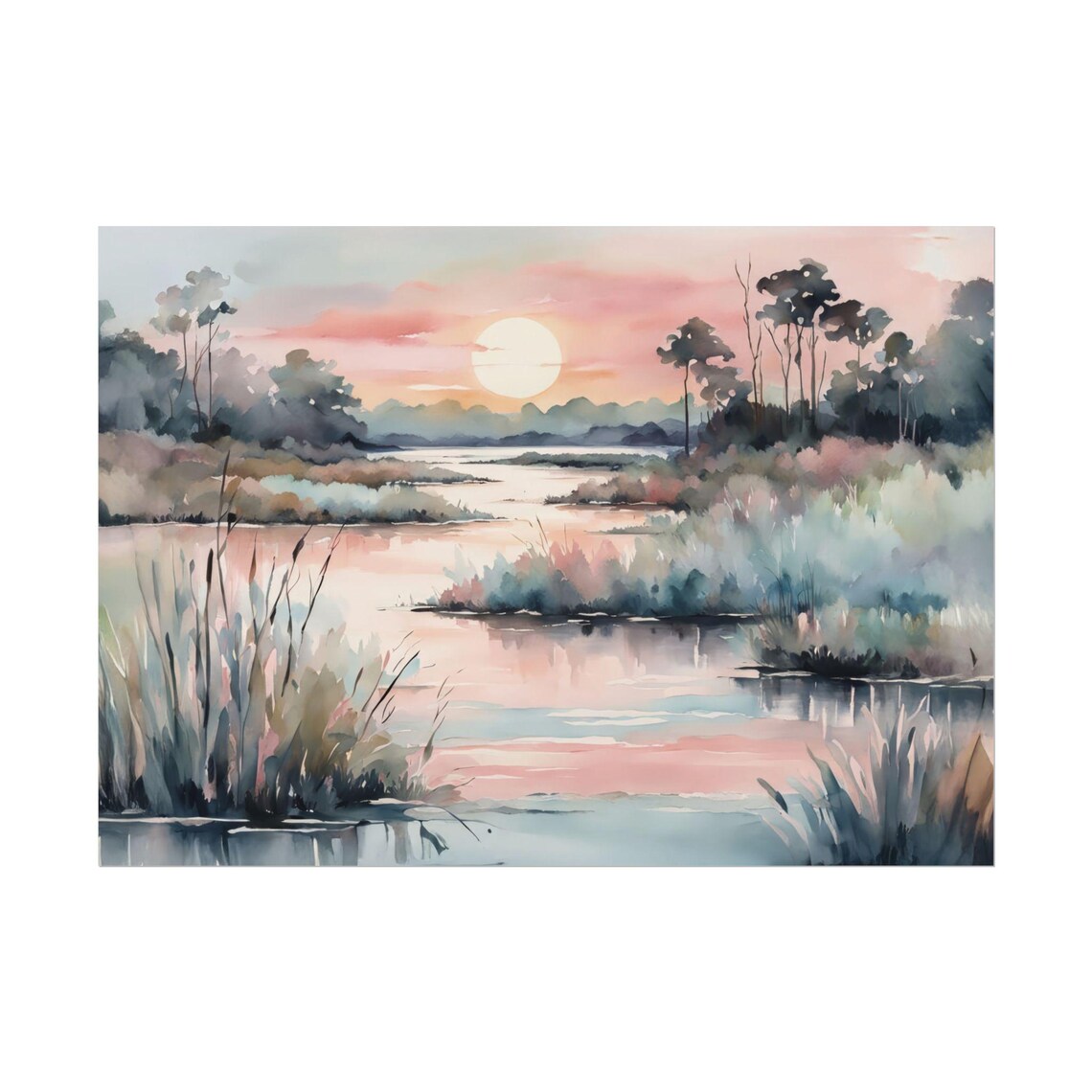 Marsh Landscape Pink Sunset, Coastal Watercolor Poster