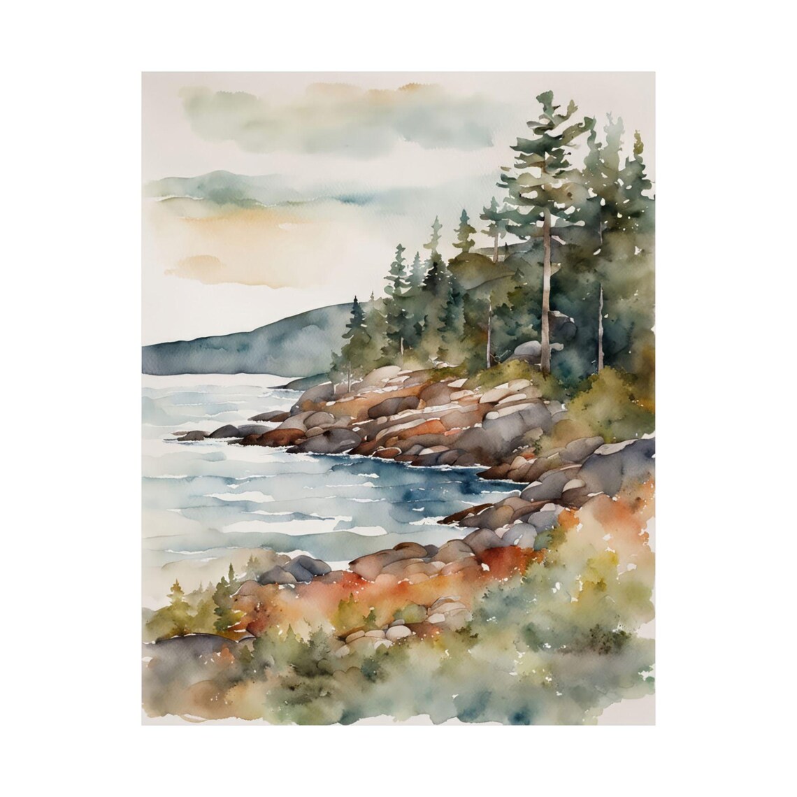 Acadia Shoreline Maine Watercolor Landscape Art Print