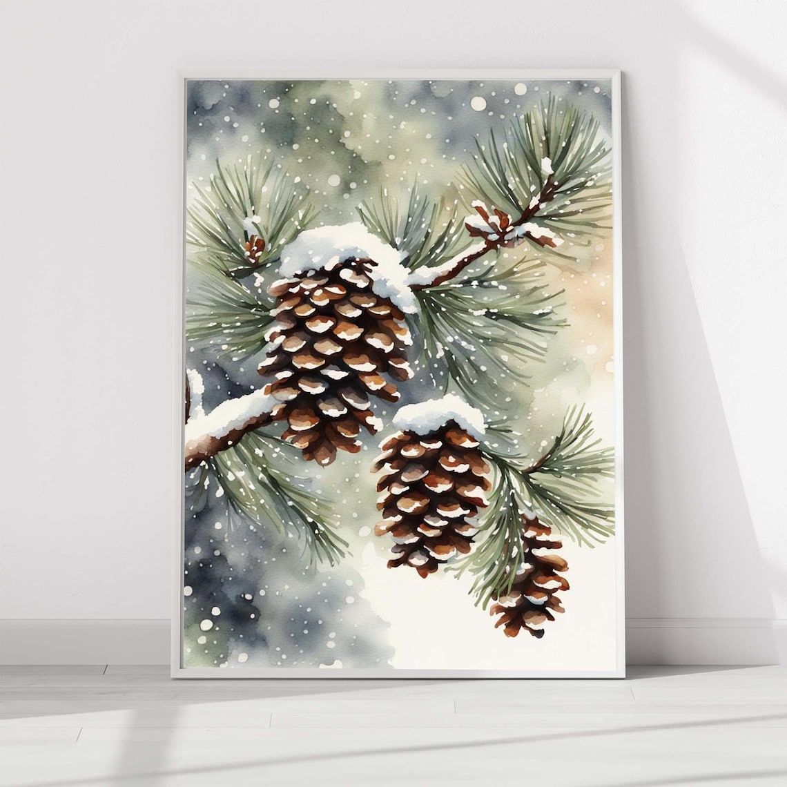 Three Pine Cones Watercolor Art Print, Christmas Decor