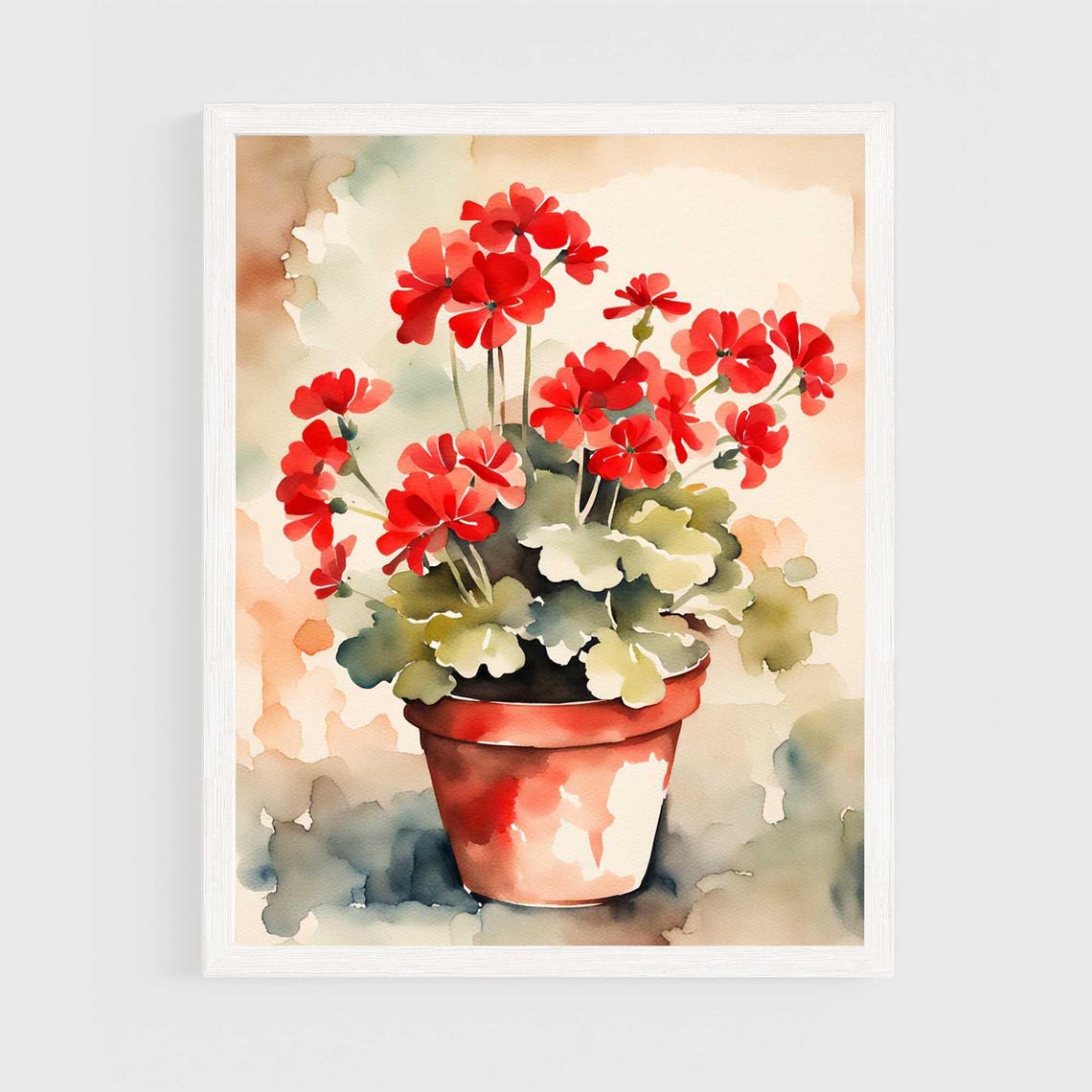Red Geraniums in Terracotta Pot Watercolor Painting Floral Poster