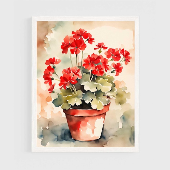 Red Geraniums in Terracotta Pot Watercolor Painting Floral Poster