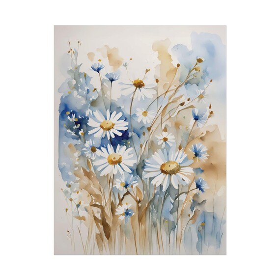 White Daisies Blue Wash Watercolor Painting Meadow Floral Poster