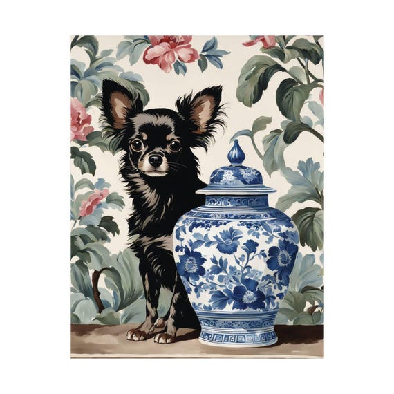 Chihuahua And Ginger Jar Art Print Blue Floral Chinoiserie Wall Black Dog Lover Poster Gift Watercolor Painting Unique