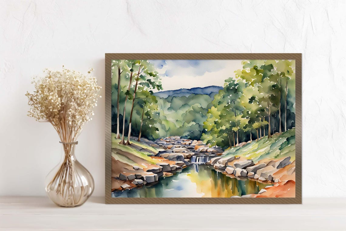 Sunlit Rocky Forest Stream with Waterfall Watercolor Landscape Poster