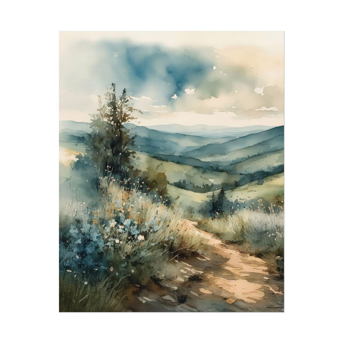Blue Ridge Mountains Path Watercolor Summer Wildflowers Hiking Trail Poster