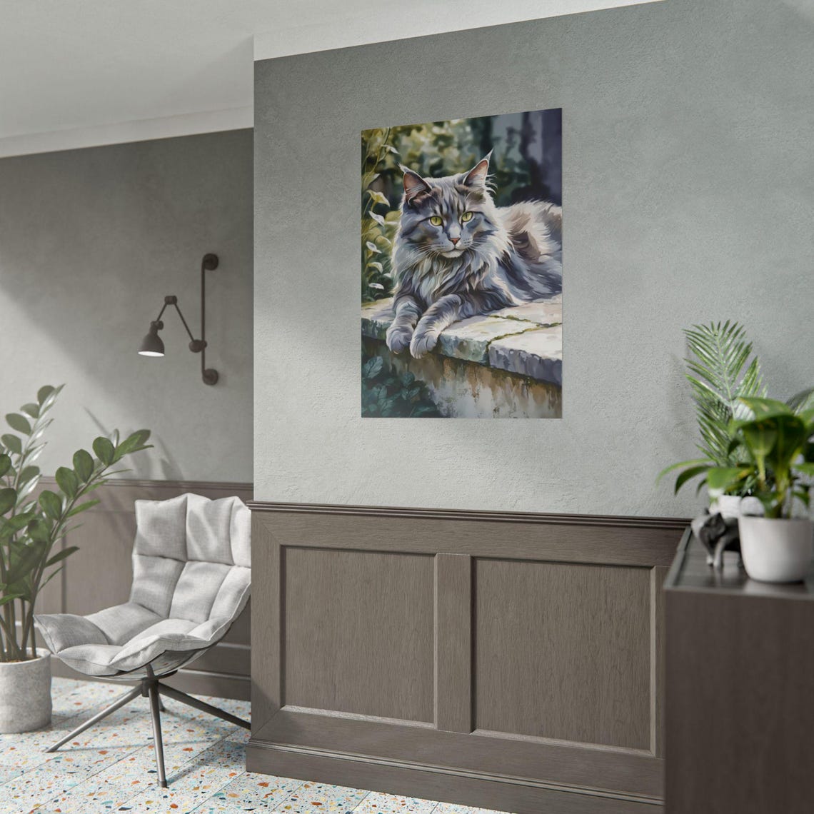 Long Haired Gray Cat Stone Ledge Garden Watercolor Portrait Poster