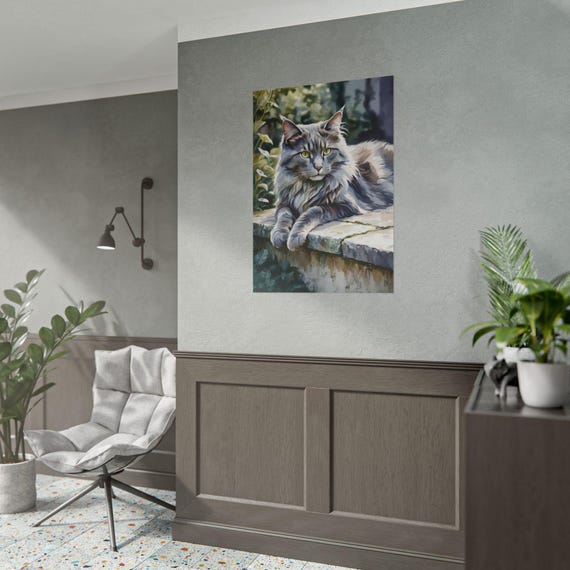 Long Hair Gray Cat Watercolor Print Garden Pet Painting Portrait Art