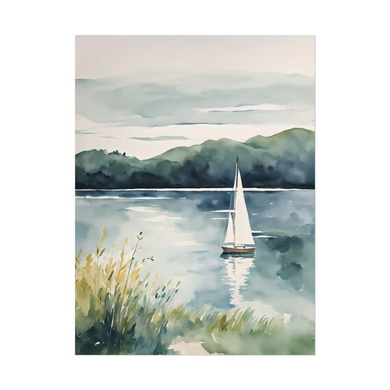 Sailboat Calm Lake Green Hills Watercolor Peaceful Sailing Wall Art
