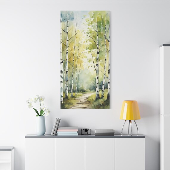 Green Birch Grove Sunlit Path Vertical Watercolor Nature Poster