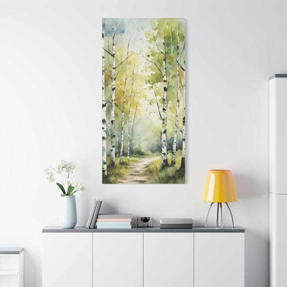 Spring Birch Trees Canvas Art Tall Narrow Forest Watercolor Landscape Painting Green Blue Long Wrap Artwork